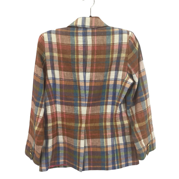 Smythe Two Button Blazer In Madras Plaid 100% Linen With 100% Silk Lining Size 8 - Picture 5 of 7